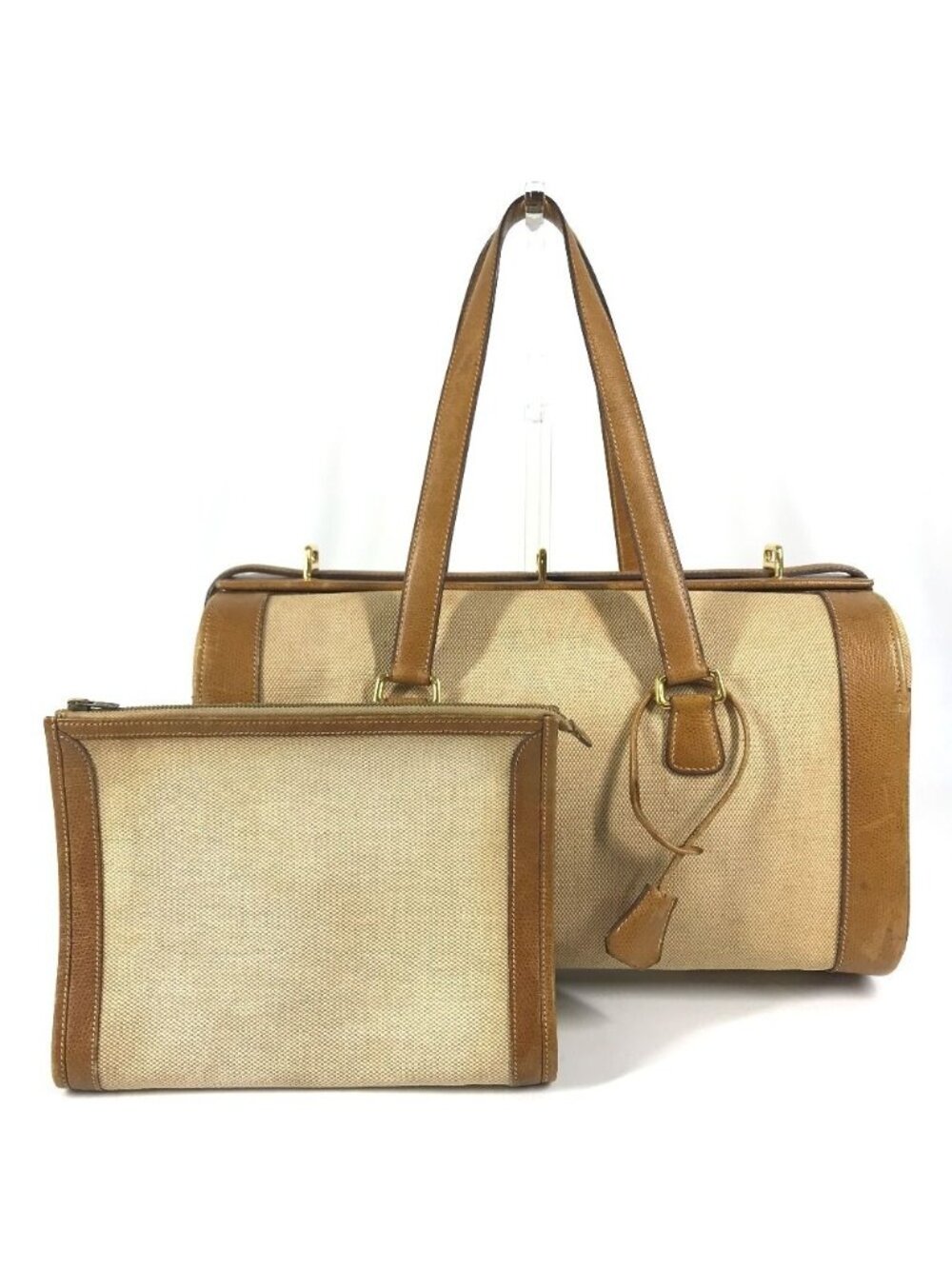 Hermes Boston Bag Vanity Leather Canvas Beige